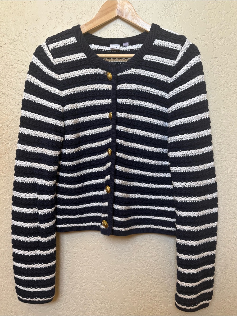 Gap 100% Cotton Striped Cardigan Gold Buttons Navy White Boxy